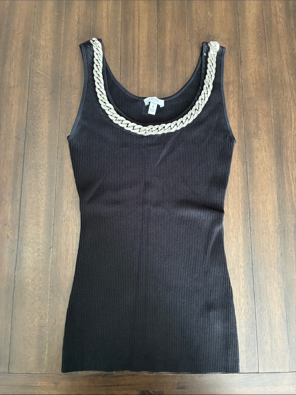 Cache Black Ribbed Tank with Silver Chain Trim